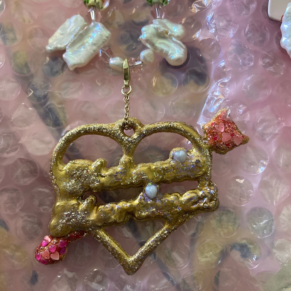 Gold Heart Pendant with Pink Accents